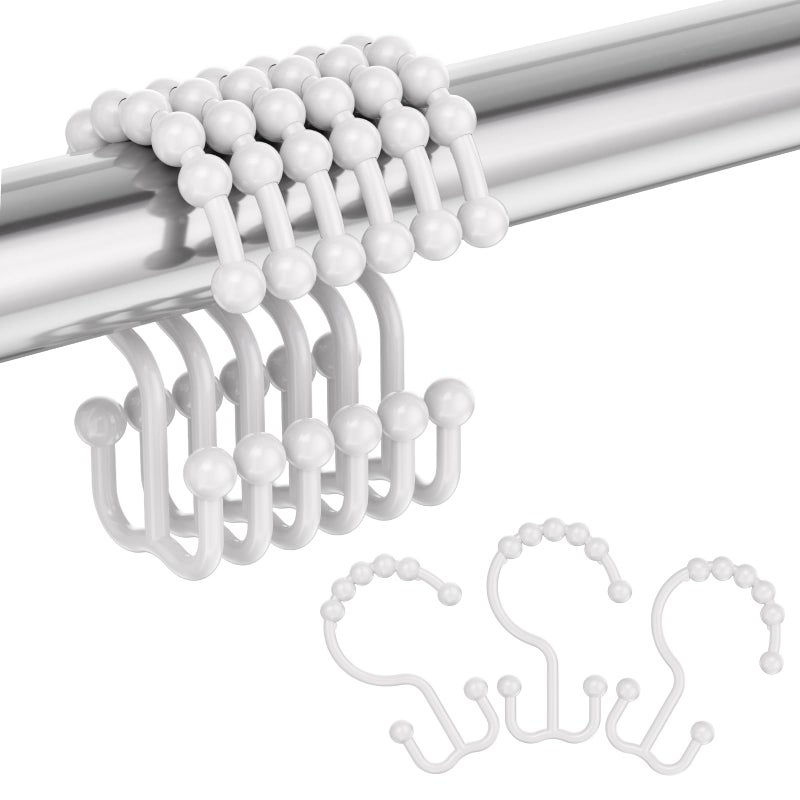 Amazer Plastic Shower Curtain Hooks, Double Shower Curtain Rings, Shower Rings for Shower Curtain, White Shower Hooks for Curtain Liner Bathroom - 12 Pcs - Image 1